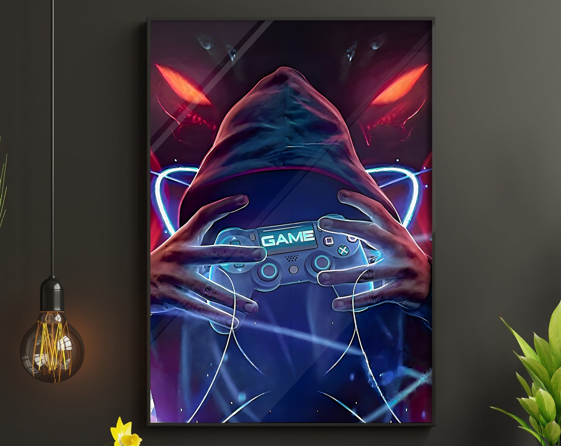 Hooded Gamer Holding Game Controller Neon Red Blue Gaming Poster
