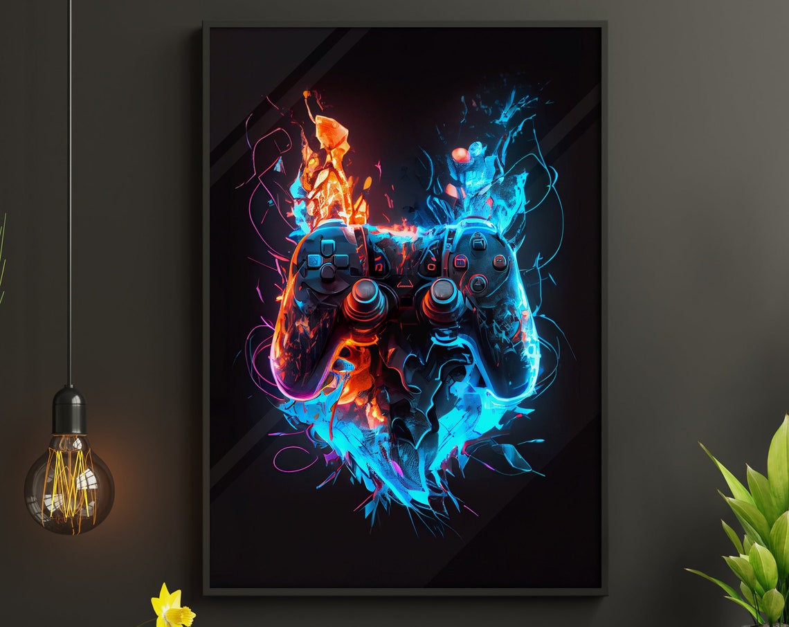 Fire And Ice Game Controller Neon Energy Splash Gaming Poster