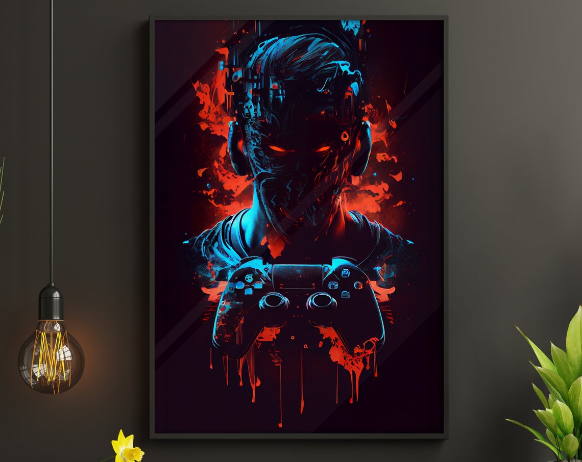 Cyberpunk Gamer with Headset Holding Controller Neon Red Blue Poster