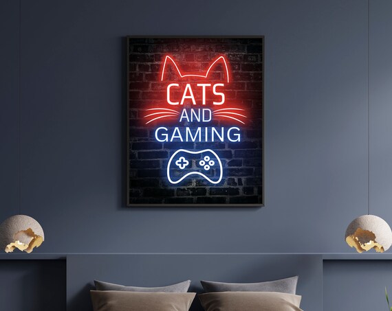 Cats And Gaming Neon Sign Style Brick Wall Game Room Art Poster