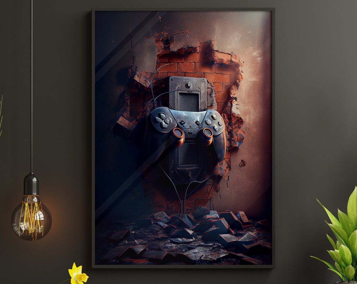 Game Controller Smashing Through Brick Wall 3D Effect Gaming Poster