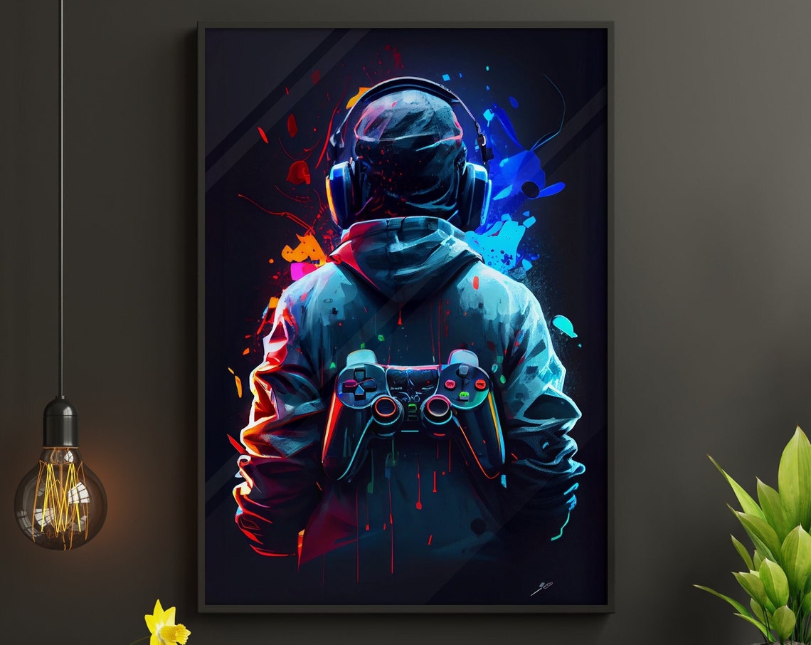 Gamer With Headphones Holding Controller Neon Splash Art Poster