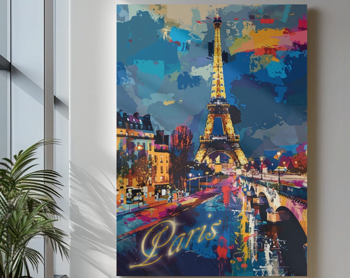 Paris Eiffel Tower Night Lights Colorful Painting Style Scenic Poster
