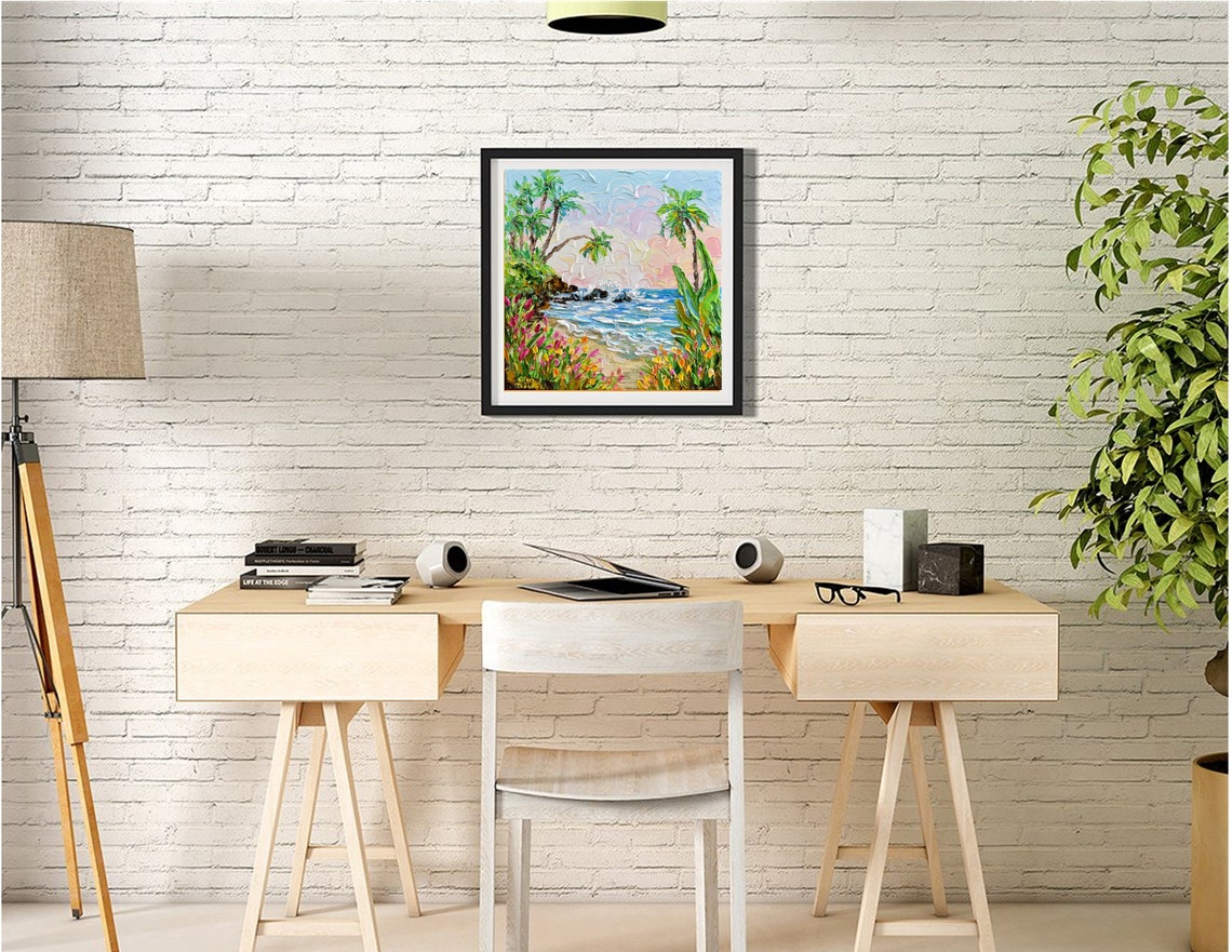 Tropical Beach Sunset Painting Palm Trees Flowers Ocean Art Poster - Image 3