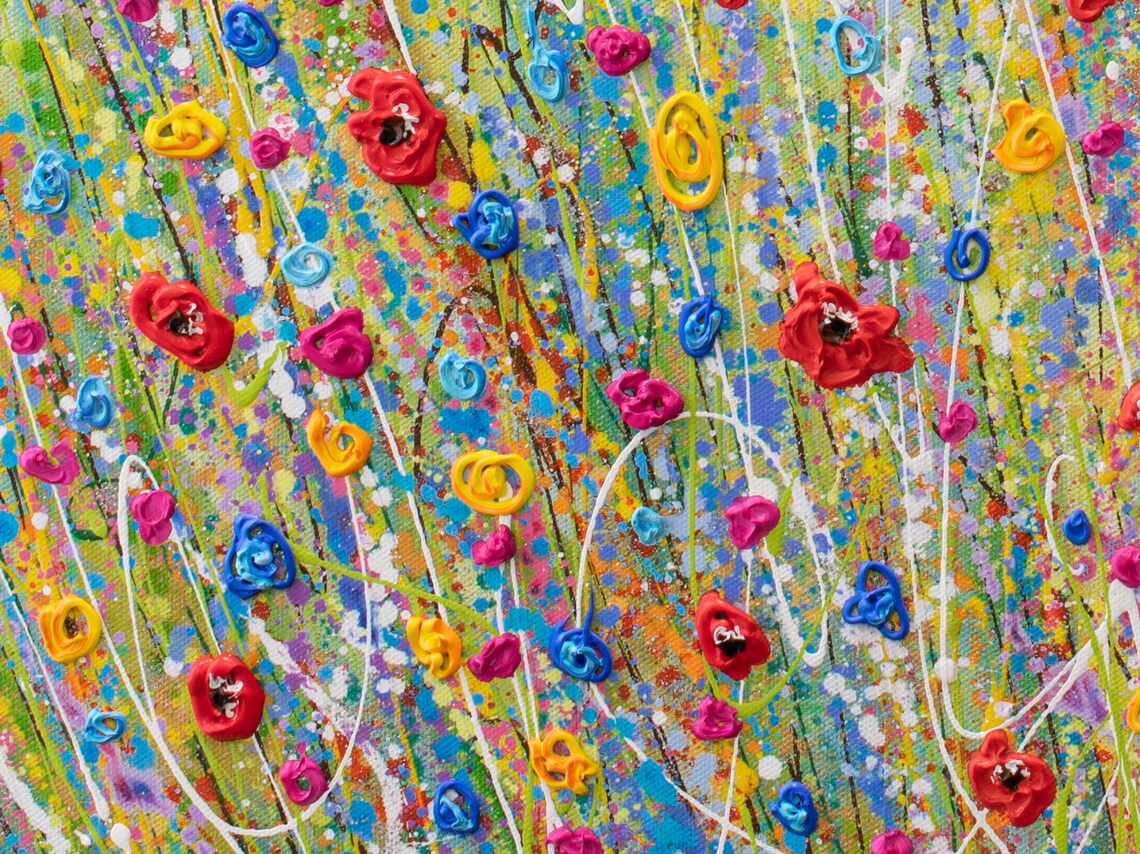 Bright Colorful Wildflower Meadow Blue Sky Red Yellow Art Poster - Image 3