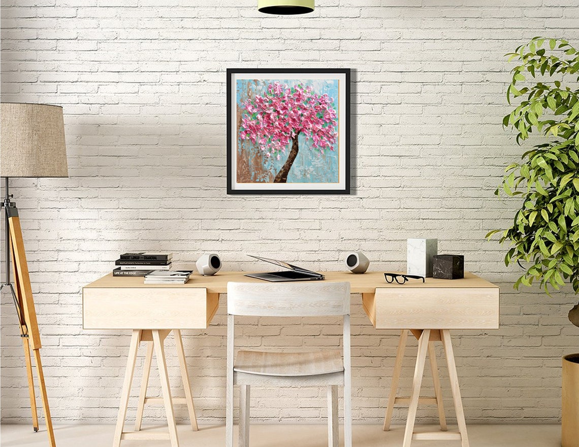 Pink Cherry Blossom Tree Painting Blooming Spring Impasto Art Poster - Image 3