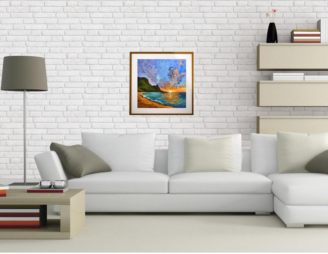 Tropical Beach Sunset Painting Turquoise Sea Orange Sky Impasto Poster - Image 3