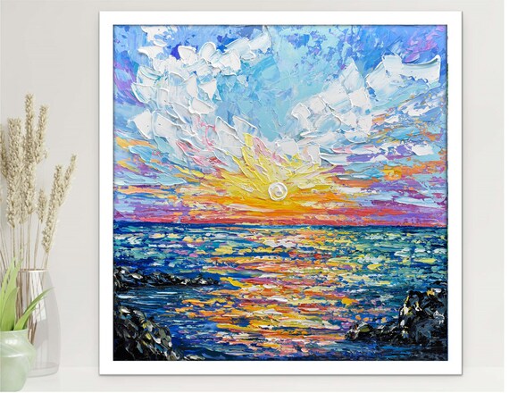Beach Sunset Ocean Waves Rocks Colorful Clouds Seascape Impasto Art Poster