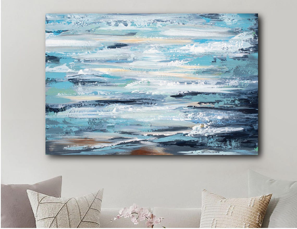 Gray Blue Abstract Wall Art Print Large Contemporary Artwork Serene Clouds Living Room Art