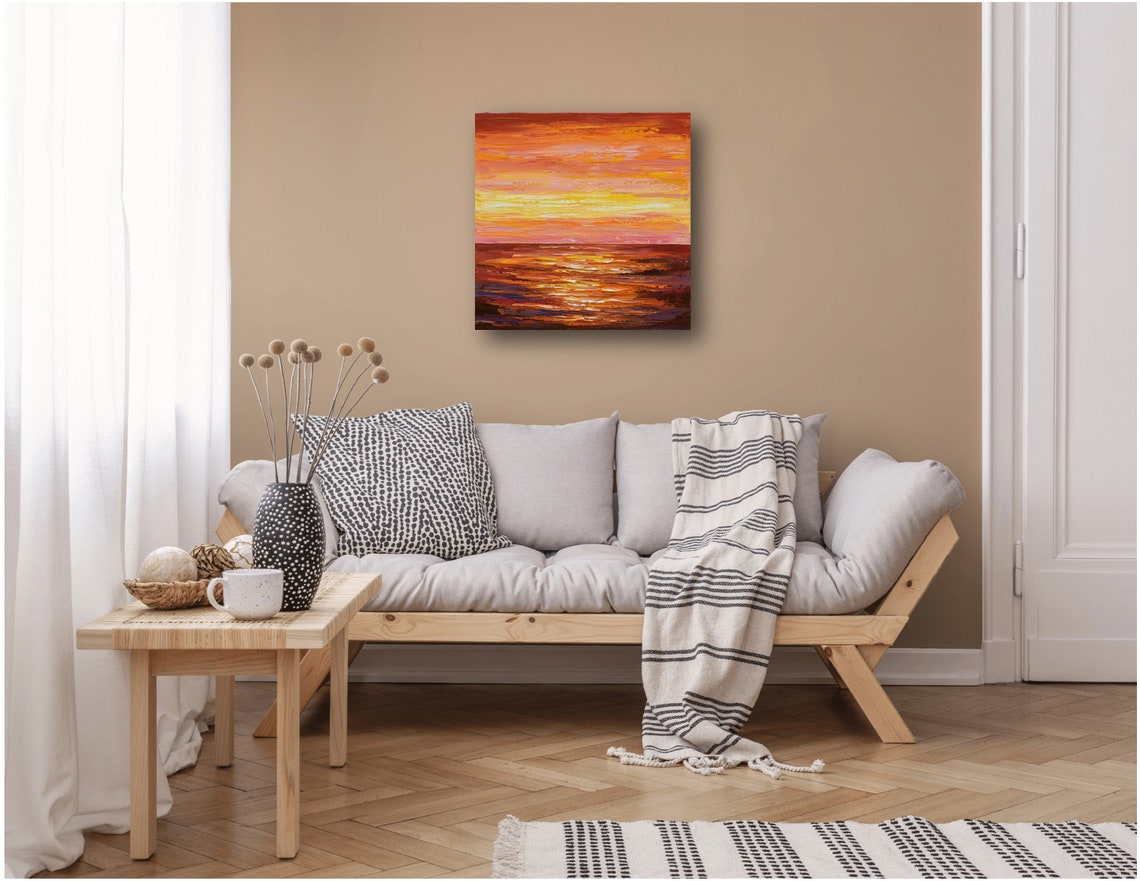 Warm Orange Sunset Over Ocean Red Sky Impasto Seascape Art Print - Image 2