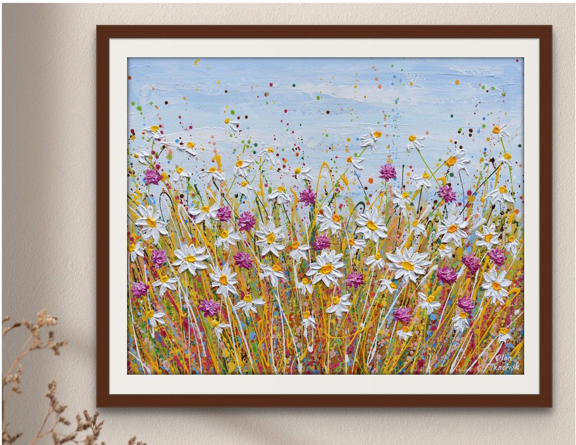 White Daisy Meadow Wildflower Field Pink Blossom Impasto Art Print - Image 3