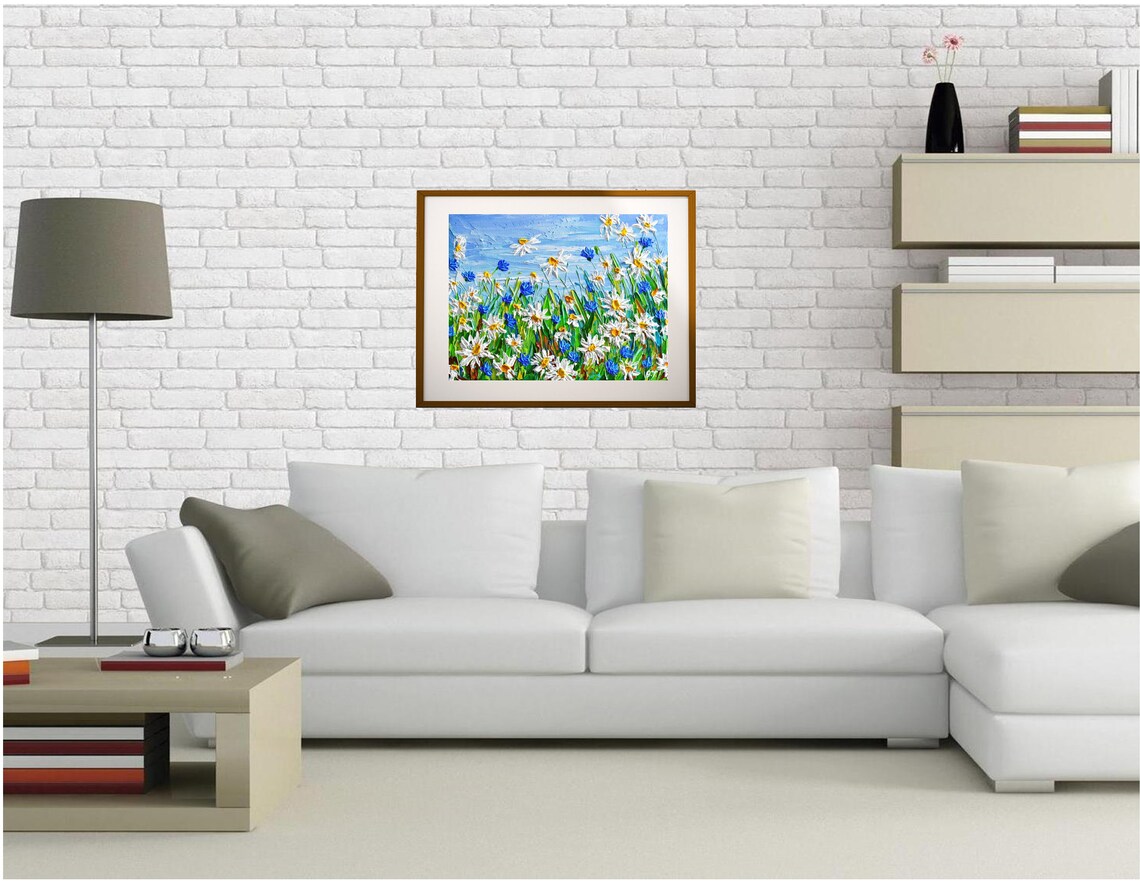 Daisies Field Impasto Flower Landscape Art Print - Image 2