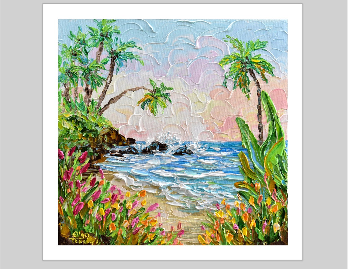Tropical Beach Sunset Painting Palm Trees Flowers Ocean Art Poster