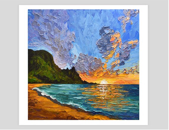 Mountain Sunset Print Turquoise Orange Seascape Wall Art Dcor Giclee Print Of Impressionist Lake Painting