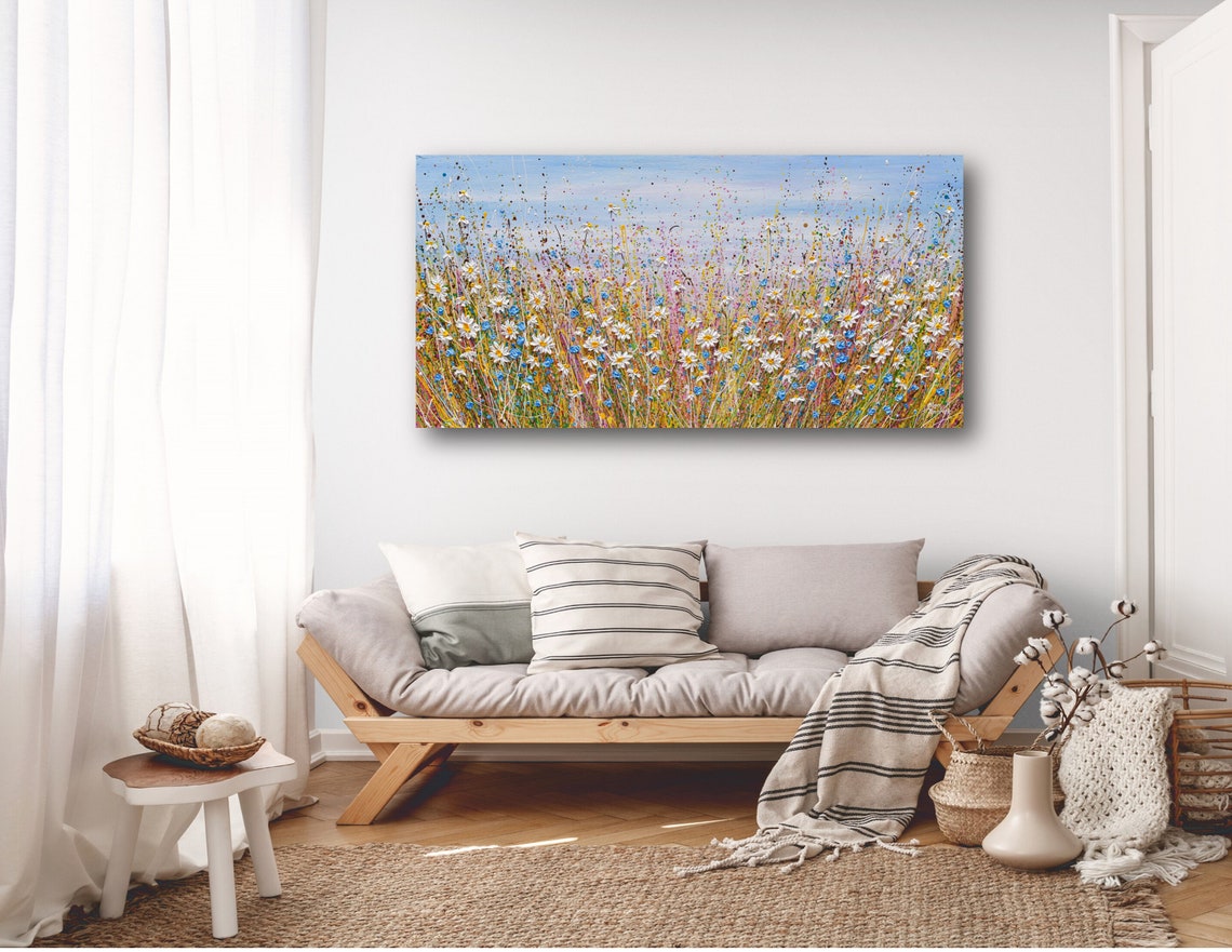 White Daisies Blue Cornflowers Panoramic Field Splatter Art Poster - Image 3