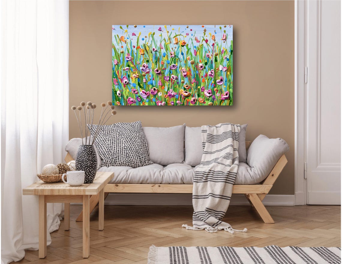 Pink Purple Tulip Meadow Green Grass Blue Sky Impasto Art Print - Image 2
