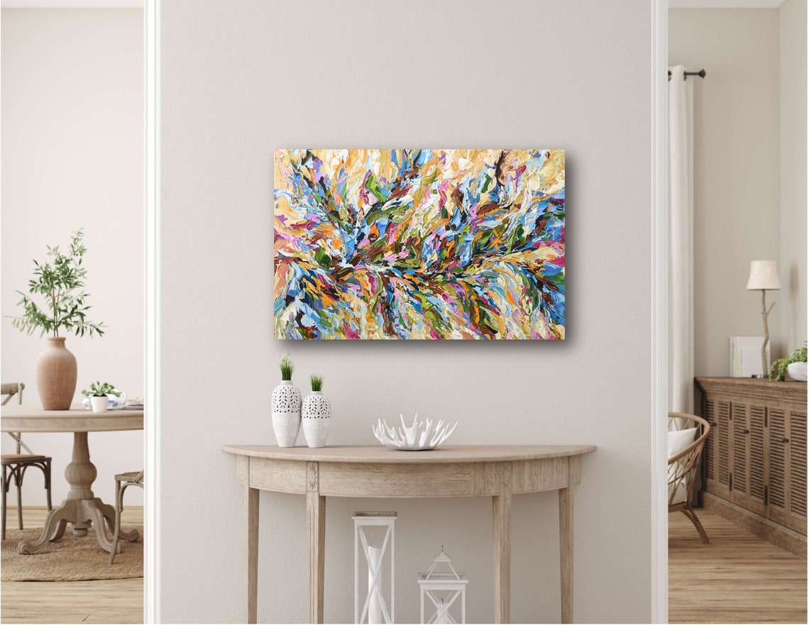 Colorful Abstract Floral Burst Pink Blue Gold Panoramic Art Poster - Image 3