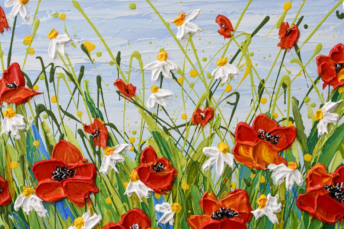 Red Poppies White Daisies Summer Meadow Textured Impasto Art Poster - Image 2
