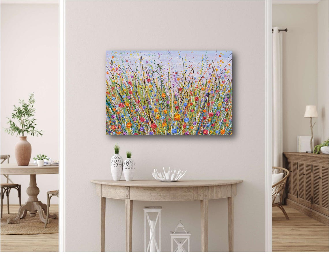 Multicolor Wildflower Meadow Red Blue Orange Bloom Impasto Art Print - Image 3