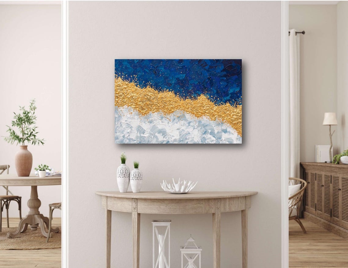 Navy Blue Gold Abstract Waves Textured Modern Impasto Wall Art Print - Image 2