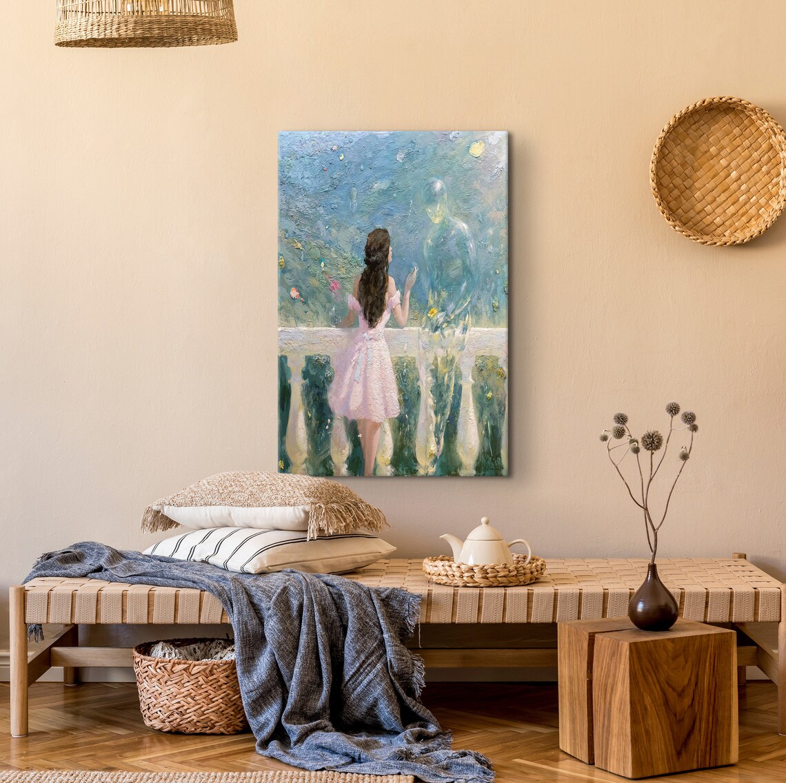 Young Woman Meeting a Ghostly Soulmate on a Balcony Art Poster - Image 4