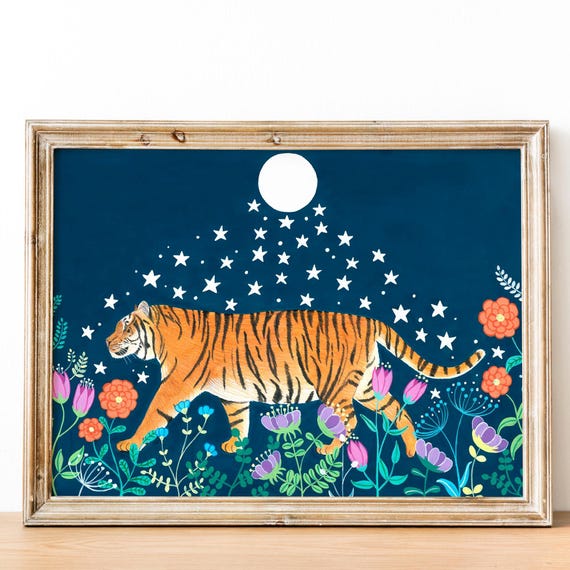 Tiger Painting Tropical Jungle Print, Safari Decor
