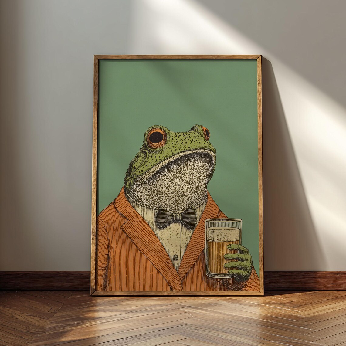 Frog Drinking Beer Poster, Anthropomorphic Animal Art Print
