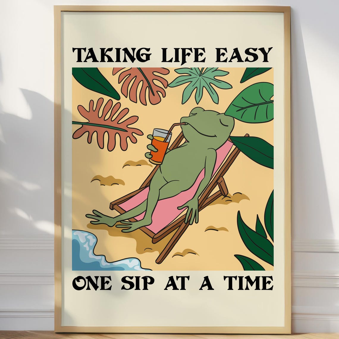 Taking Life Easy One Sip At A Time Funny Frog Beach Quote Wall Print