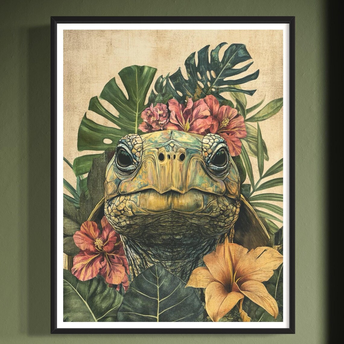 Tortoise With Monstera & Hibiscus, Tropical Art Print