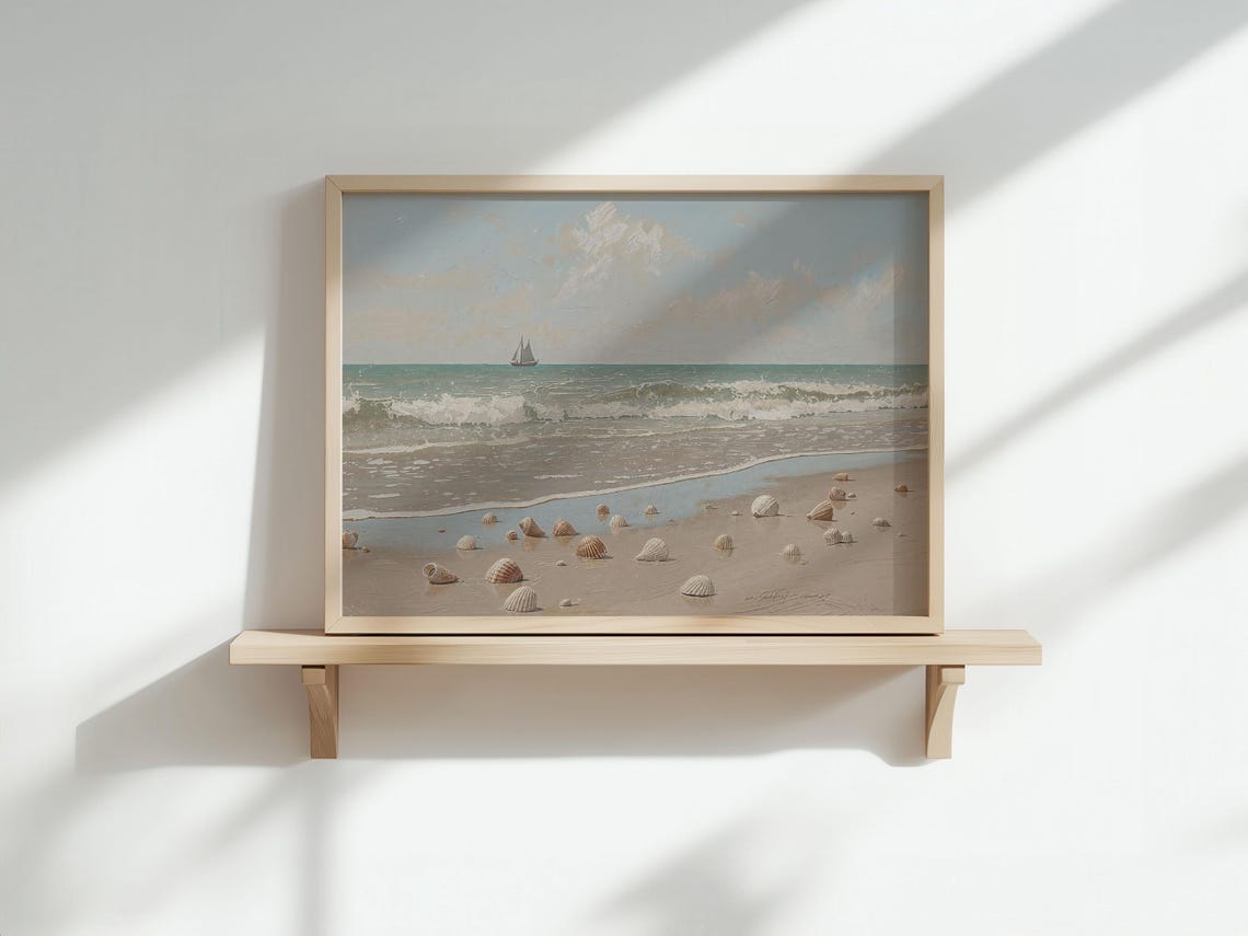 Sandy Beach with Scattered Seashells and Sailboat Painting Poster