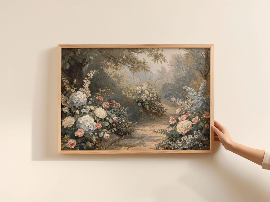 Romantic Rose Garden Pathway with Blooming Flowers Oil Art Poster