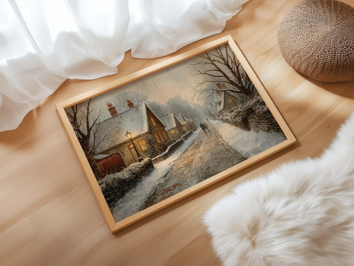 Winter Village Snowy Street Lamplit Cottages Vintage Holiday Print