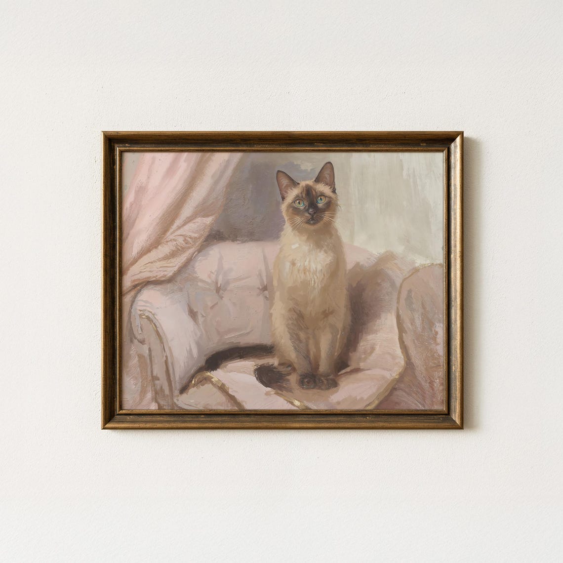 Siamese Cat Portrait Pink Chair Vintage Oil Painting Wall Art