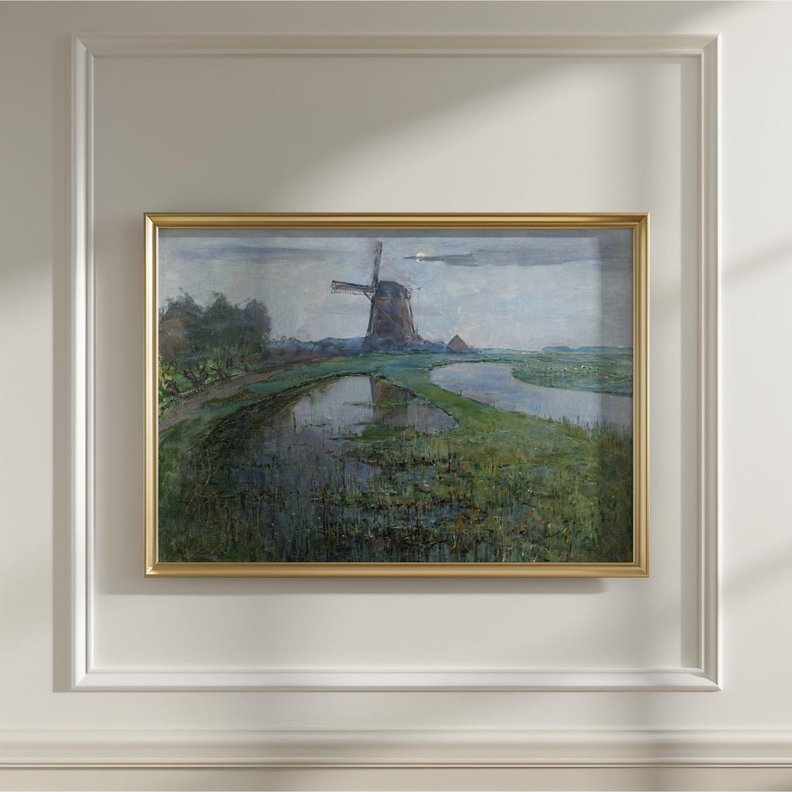 Dutch Windmill Canal Dusk Impressionist Countryside Art Poster