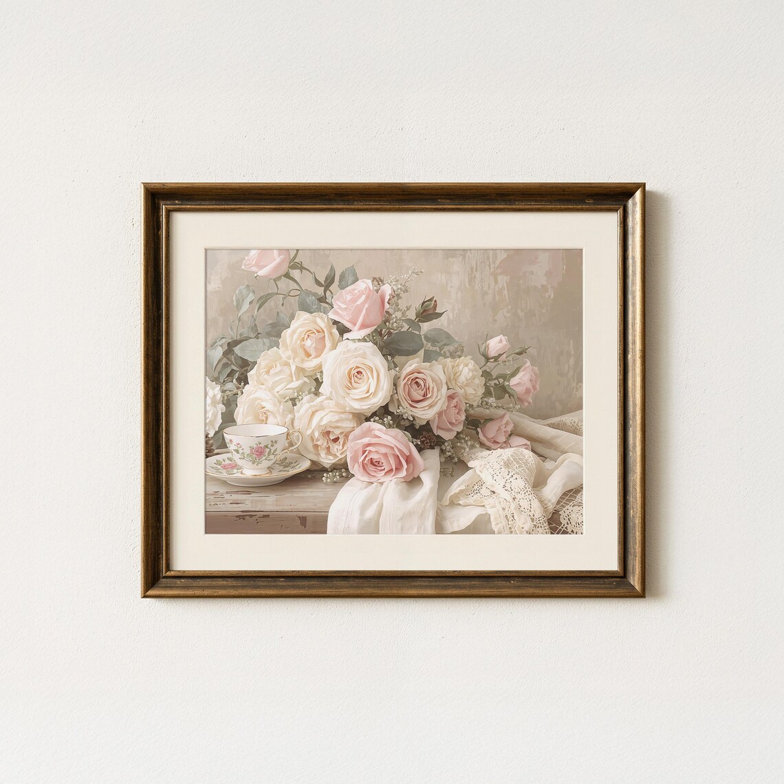 Blush Pink Roses with Vintage Floral Teacup Still Life Art Poster