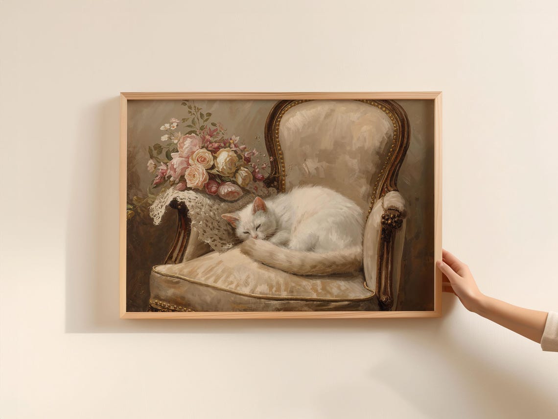 Vintage White Cat Sleeping Armchair Roses Classic Oil Style Print
