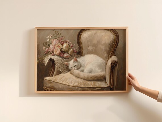 Vintage White Cat Sleeping Armchair Roses Classic Oil Style Print