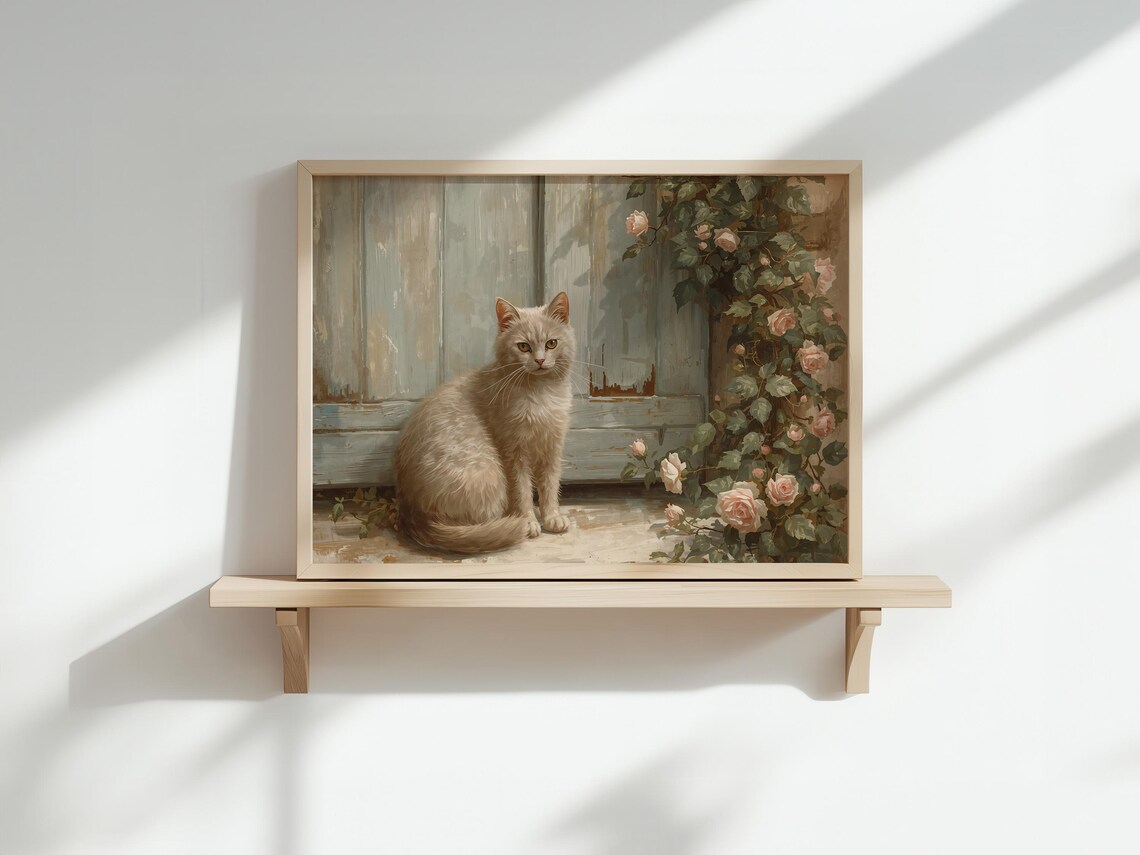 Cream Cat By Old Door Pink Roses Shabby Chic Vintage Oil Print