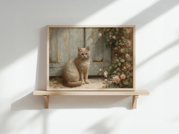 Cream Cat By Old Door Pink Roses Shabby Chic Vintage Oil Print