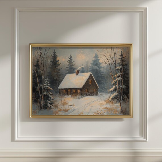 Snowy Cottage Winter Pine Forest Cozy Cabin Dusk Glow Poster