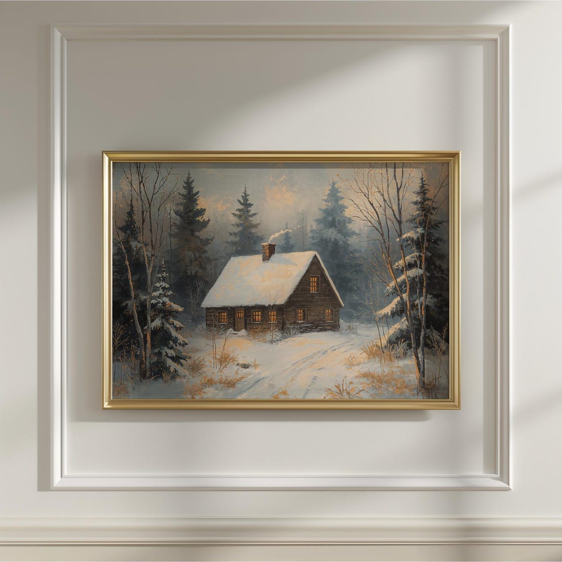 Snowy Cottage Winter Pine Forest Cozy Cabin Dusk Glow Poster