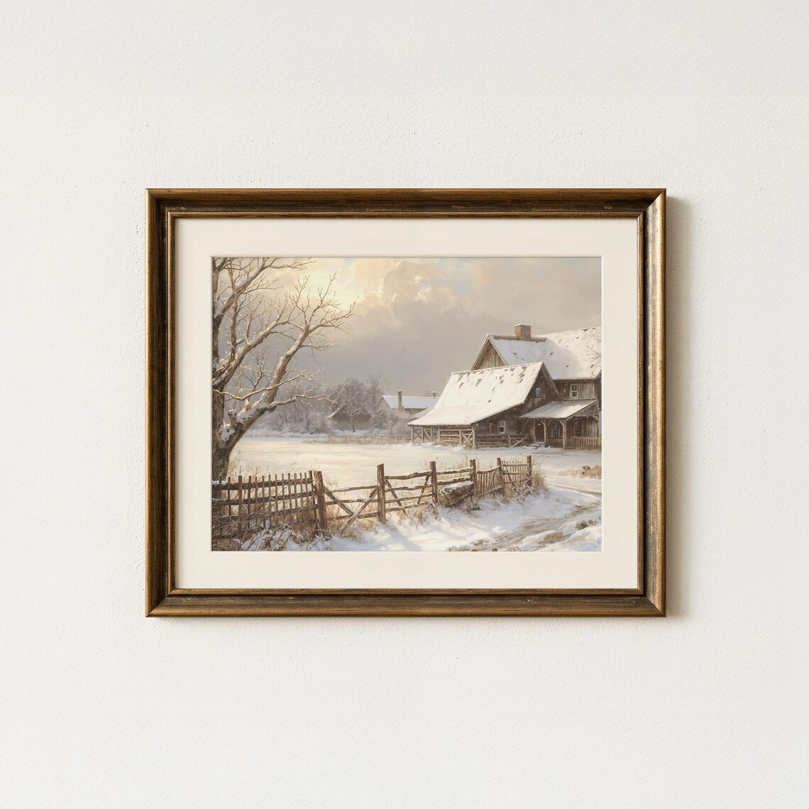 Snowy Farm Barn Winter Landscape Vintage Countryside Painting Art Poster