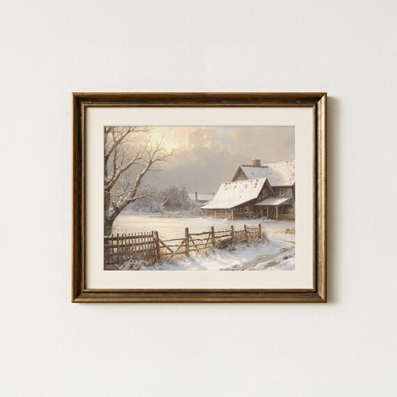 Snowy Farm Barn Winter Landscape Vintage Countryside Painting Art Poster