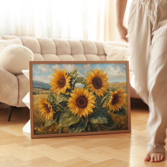 Vibrant Sunflower Field Oil Painting Golden Blooms Summer Art Print