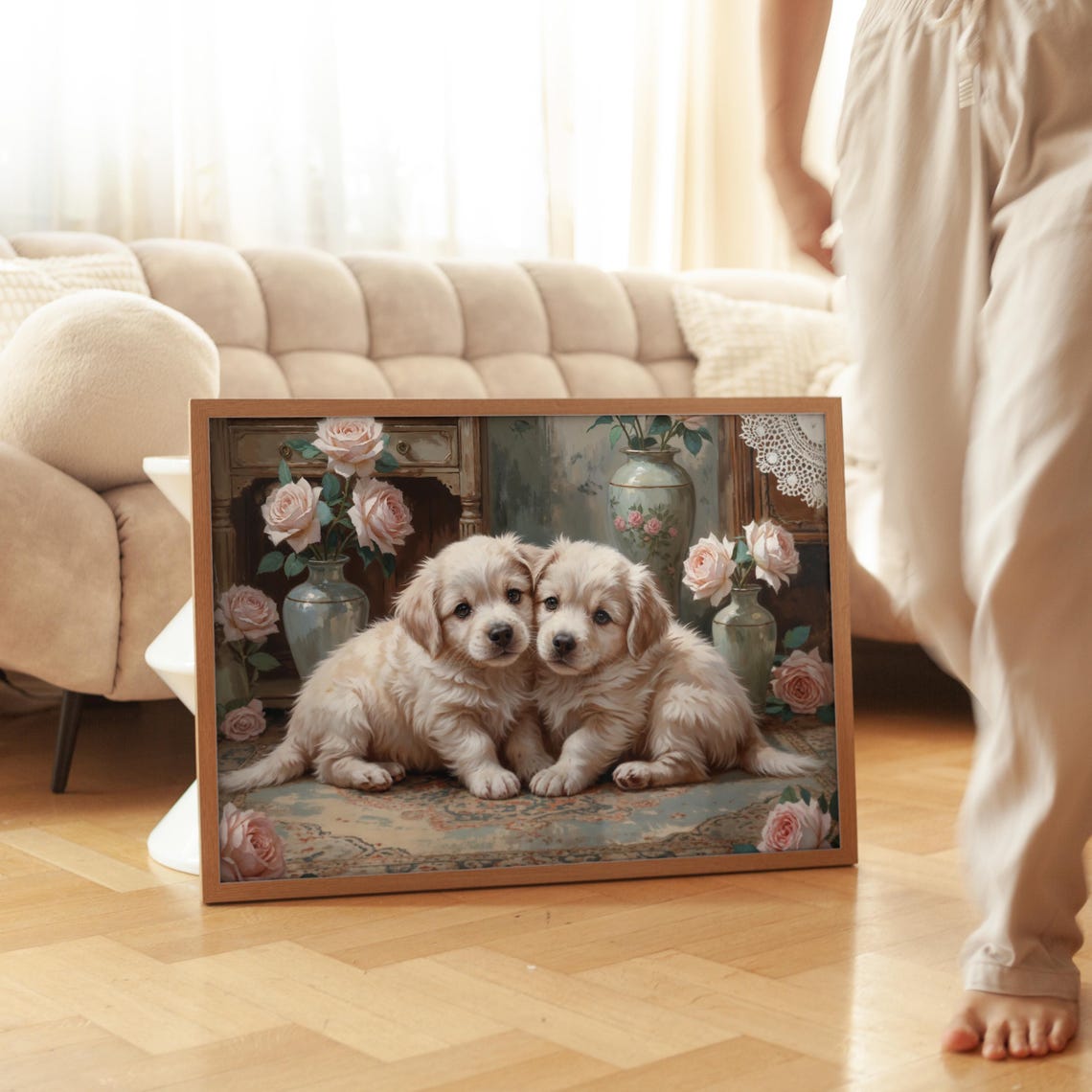 Two Golden Puppies Among Pink Roses Vintage Floral Painting Poster