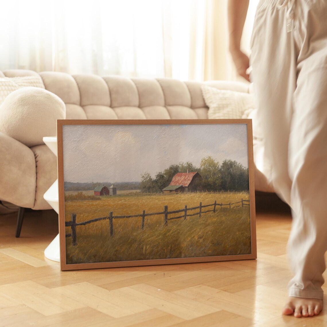 Vintage Red Barn and Golden Wheat Field Farm Painting Poster