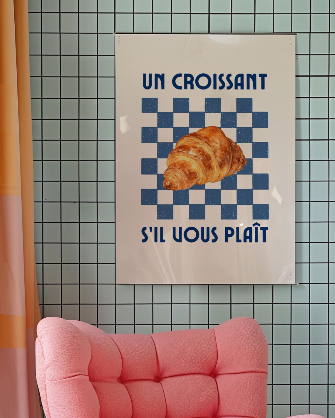 Croissant Print Retro French Cafe Poster Cool Trendy Wall Art Kitchen Decor Foodie Food Lover Gifts Retro Eclectic Aesthetic Blue Wall Art - Image 2