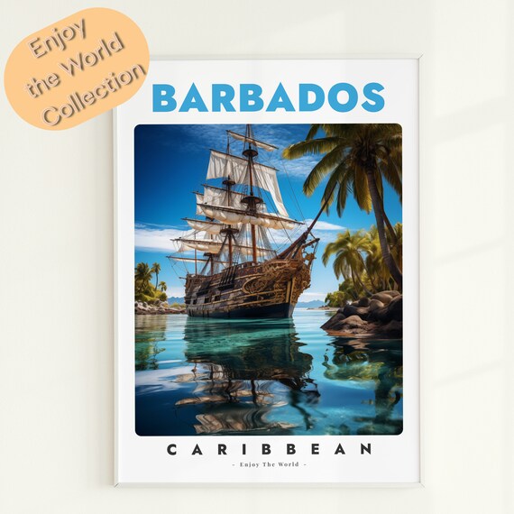Barbados Caribbean Tall Ship Palm Beach Travel Illustration Art Poster