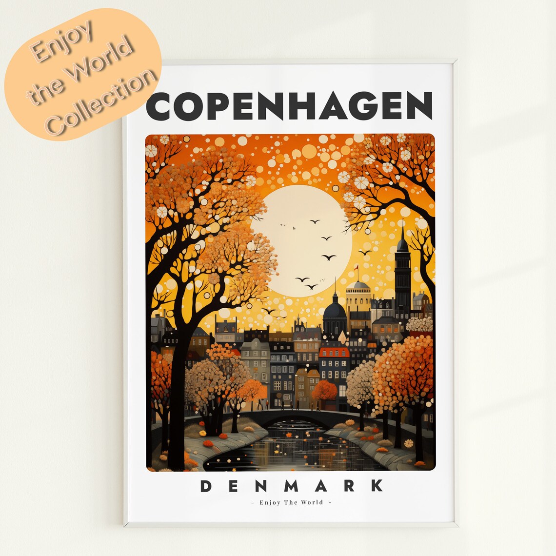 Copenhagen Denmark Autumn Moon Canal Cityscape Travel Poster