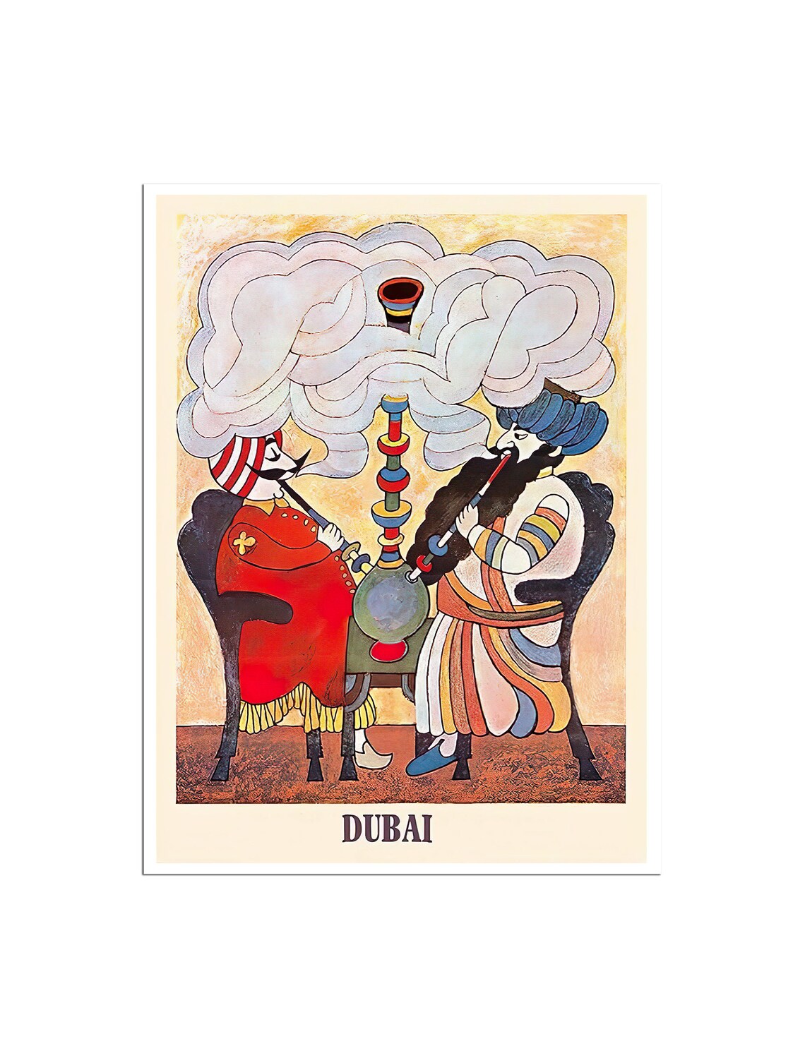 Dubai Vintage Hookah Smoke Swirls Two Men Traditional Travel Poster